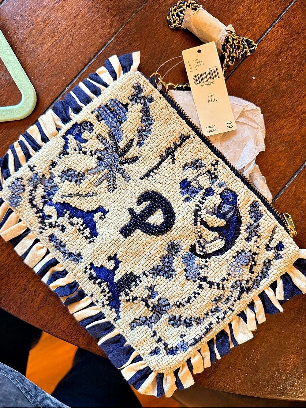 Anthropologie Beaded Monogram Clutch letter P  Striped Wristlet in Blue & Cream - Picture 2 of 4